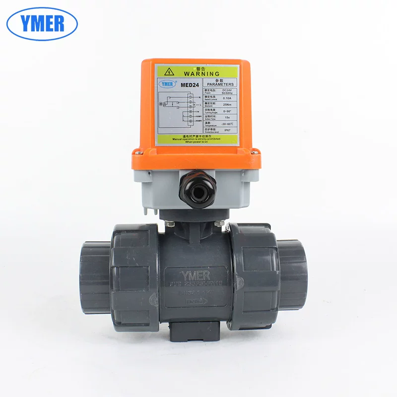 PVC electric ball valve, electric UPVC ball valve with double eccentric slip joints, plastic AC220V,